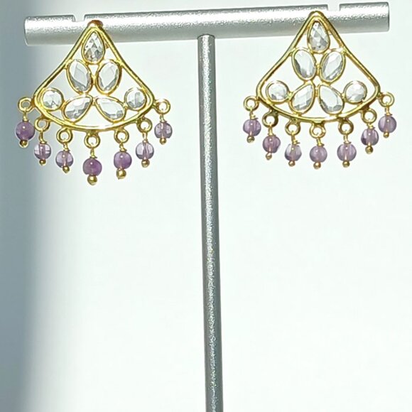 925 Sterling Silver 18K Gold Plated Chandelier Amethyst Earrings - Gift for Her - Picture 4 of 7